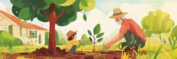 Illustration of a grandfather with his little granddaughter planting a sprout of a green tree, transferring experience and caring with the younger generation, banner