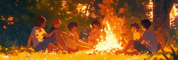 Illustration of a group of happy people are sharing smiles around a campfire, enjoying the leisure of travel
