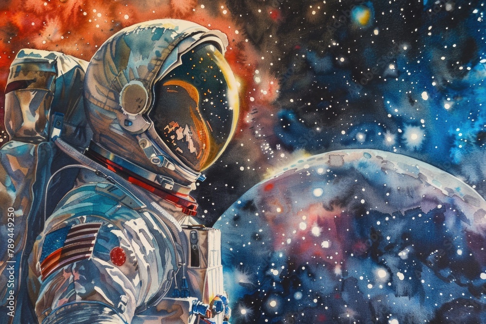 Poster An astronaut floating in outer space, suitable for science and technology projects