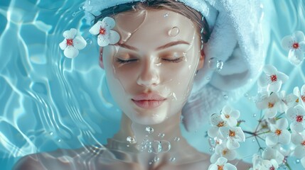Woman with a towel on her head relaxing in a pool. Ideal for spa or relaxation concepts