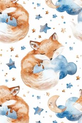 Fototapeta premium A peaceful watercolor painting of a fox sleeping on a fluffy cloud. Perfect for children's book illustrations