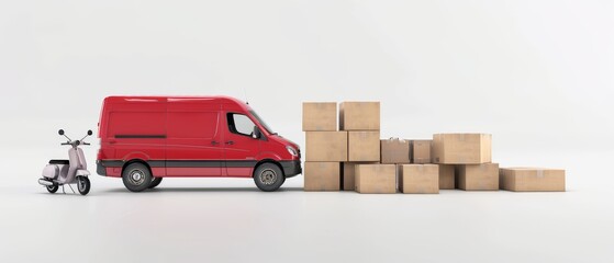 White background with delivery vans and scooters carrying paper boxes. 3D rendering.