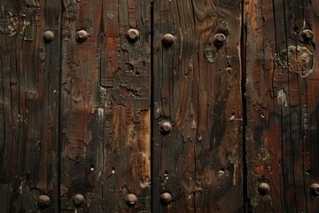 Detailed shot of a wooden door with metal rivets. Suitable for architectural or industrial themes