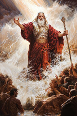 Fototapeta premium Illustration of Moses on the crossing of the red sea leading the people of Israel on the way to Canaan