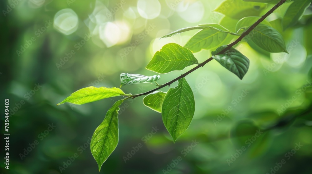 Poster Close-up view of a single leaf on a tree branch. Suitable for nature and environmental themes