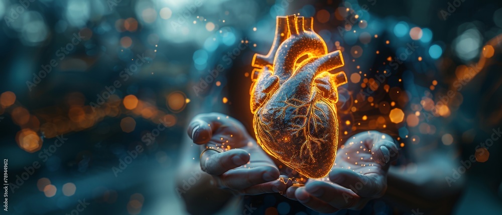 Poster digital x-ray of human heart in 3d projection on blurred background with cardiologist on blurred bac