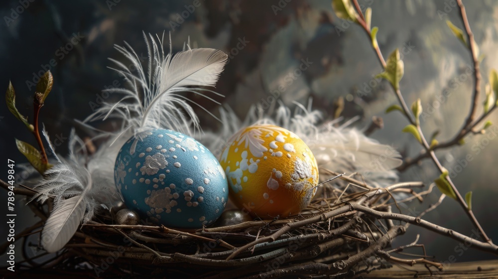 Poster Three eggs in a nest with feathers on a table. Suitable for nature and Easter themed designs