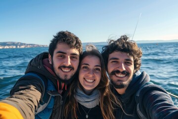 Happy smiling young people taking selfie against sea background, beach holiday with friends