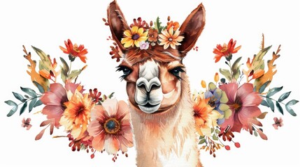 Obraz premium A llama wearing a beautiful flower crown. Perfect for nature and animal lovers