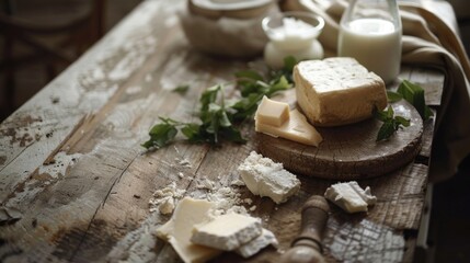 Fresh cheese and milk on a wooden cutting board, suitable for food and dairy product concepts