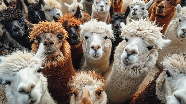 A herd of white and brown colored llamas or alpacas with different fur patterns looking up at the camera from below.