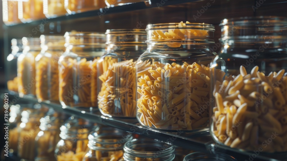 Poster a shelf filled with jars of pasta. great for food and pantry concepts