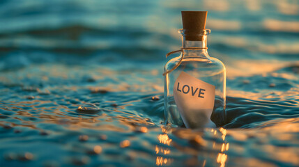 Text love on a paper message in a glass bottle floating on the surface of sea or ocean water during the twilight golden hour sunset. Romantic summer landscape, vintage washed note, copy space