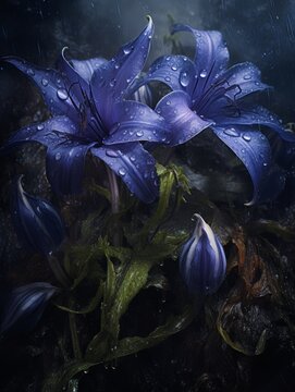 Blue Flowers With Water Droplets