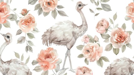 Ostrich standing among colorful flowers, suitable for nature-themed designs - obrazy, fototapety, plakaty