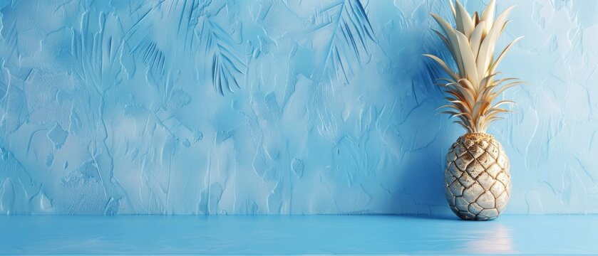 An elegant gold pineapple on a blue background with a minimal summer concept. 3D rendering.