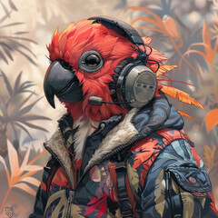 Obraz premium a gamer with a tropical bird head, facing left, headphones,generative ai