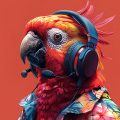 a gamer with a tropical bird head, facing left, headphones,generative ai