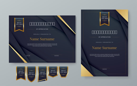 Black and gold certificate of appreciation border template with luxury badge and modern line and shapes. Certificate of achievement, awards diploma, education, school