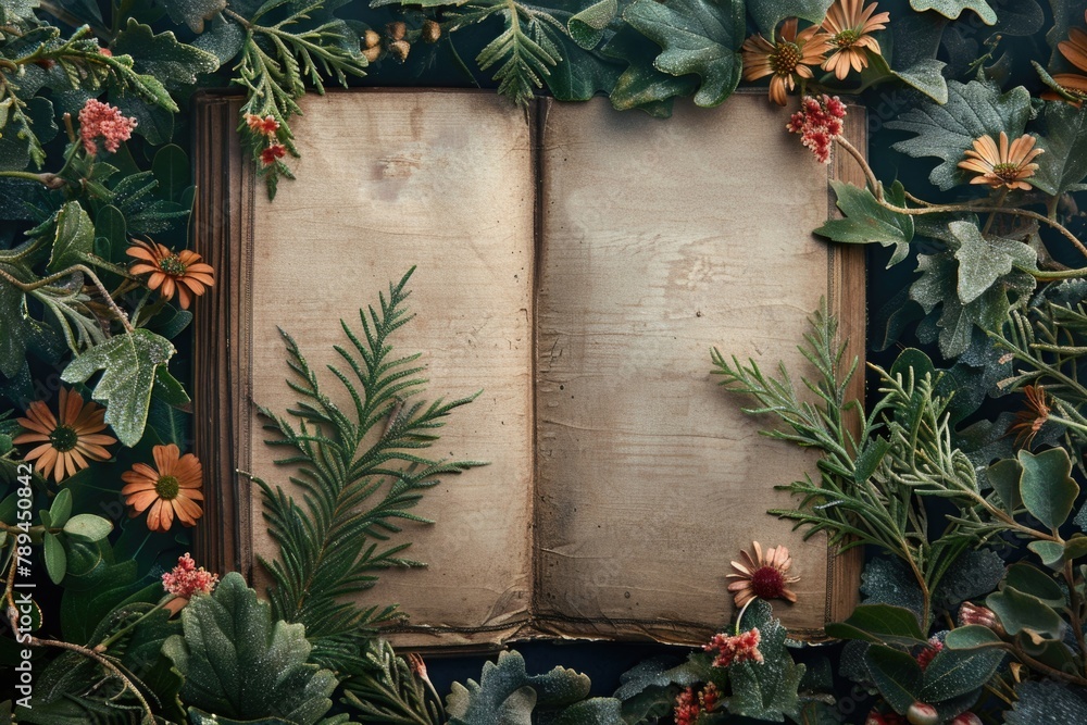 Poster an open book surrounded by plants and flowers, ideal for educational and botanical concepts