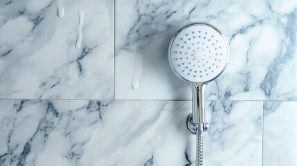 Shower head jet in bathroom shower. Home clean wash hygiene background, hotel hot or cold, refreshing stream falling, copy text space, marble wall tiles, nobody