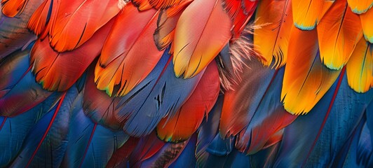 Colorful feathers of scarlet birds with red yellow orange and blue shades, exotic nature background and texture. generative ai