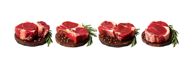 Collection of fresh, raw, red beef meat on a transparent background. PNG, cutout, or clipping path