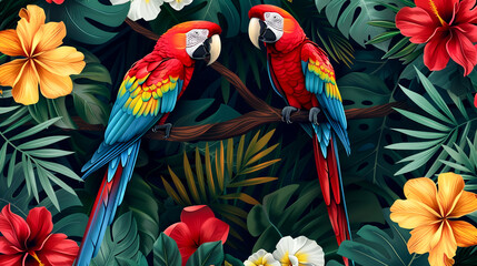 Obraz premium Craft a seamless design featuring colorful parrots and tropical birds perched on branches amidst tropical flowers ,seamless pattern,