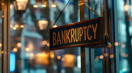 Small cafeteria shop business closed because of bankruptcy, sign hanging on the glass entrance door window outside exterior view outdoors. Financial loss, crisis, empty, restaurant shutdown