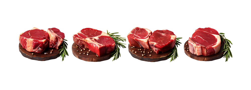 Collection of fresh, raw, red beef meat on a transparent background. PNG, cutout, or clipping path