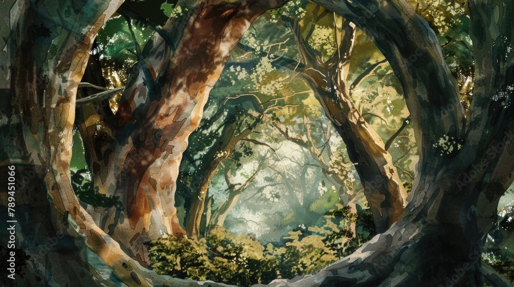 Poster a painting of a forest filled with lots of trees. suitable for nature themes