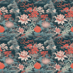chinese style flower seamless pattern, floral background, fashion print, decorative texture