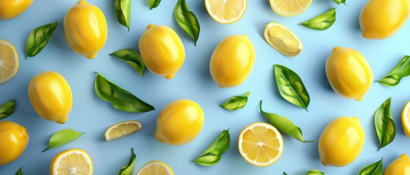 The pattern of summer lemons on a blue background is an illustration in 3D