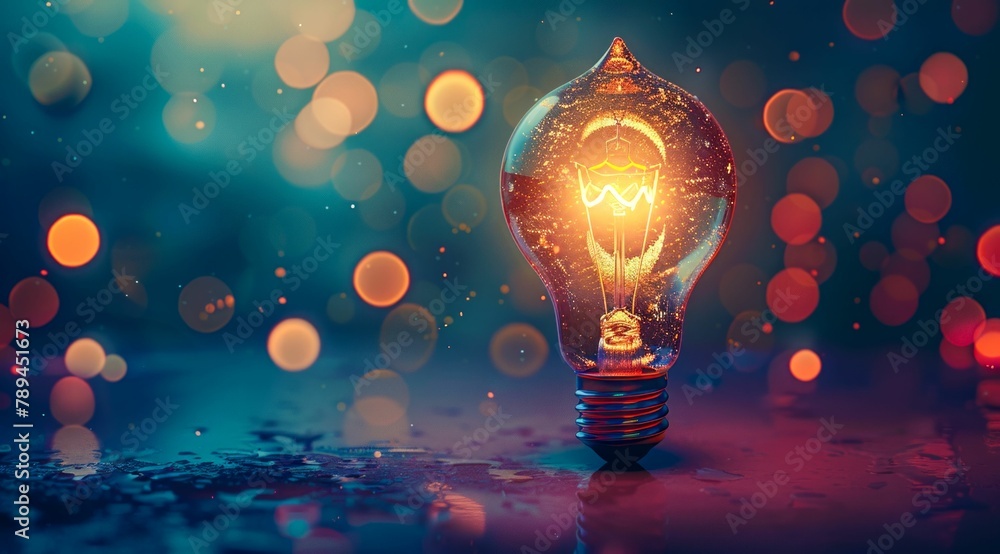 Poster glowing light bulb on abstract bokeh background. generative ai