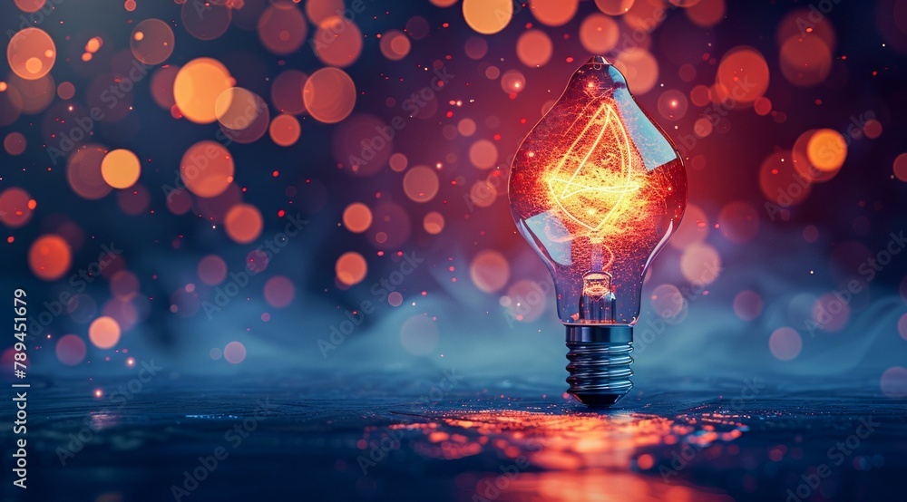 Poster glowing light bulb on abstract bokeh background. generative ai