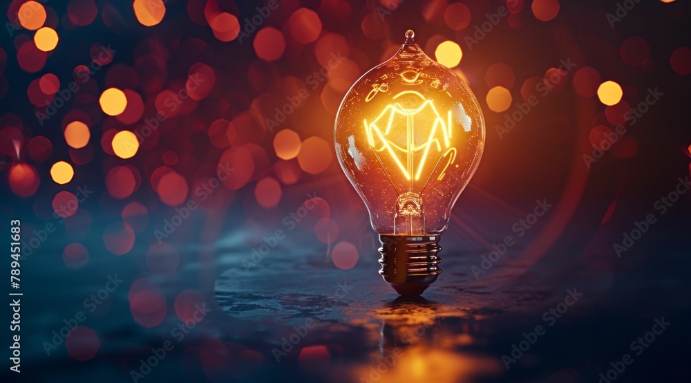 Poster glowing light bulb on abstract bokeh background. generative ai