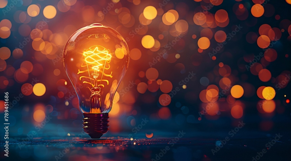Poster glowing light bulb on abstract bokeh background. generative ai