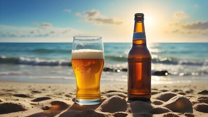 Glass and bottal of beer on table on beach with sun sets