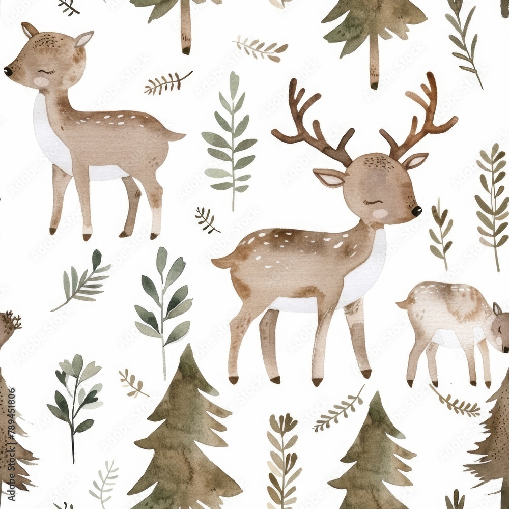 Poster Simple and versatile pattern of deers and trees on a white background. Suitable for various design projects