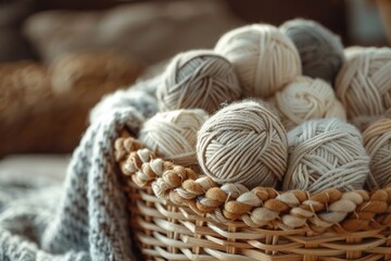 Balls of gray yarn in a basket.