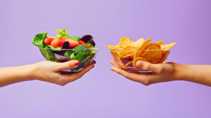 One hand holding bowl of vegetable salad, other holding chips. Healthy natural organic fresh vegetarian food vs unhealthy processed fast junk food. Lunch or snack decision