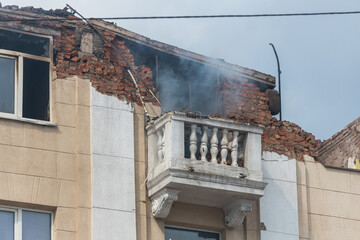 A Russian missile hit a residential building in the city of Dnepr, Ukraine. Damaged apartment...