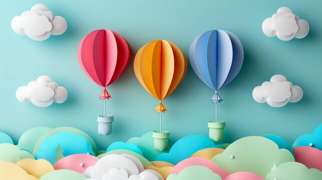Whimsical Sky Adventure: Paper Hot Air Balloons and Clouds. Generative ai