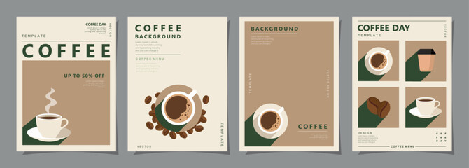Set of minimal background templates with coffee beans and coffee mug for invitations, cards, banner, brochure, poster, cover, cafe menu or another design. Vector illustration.