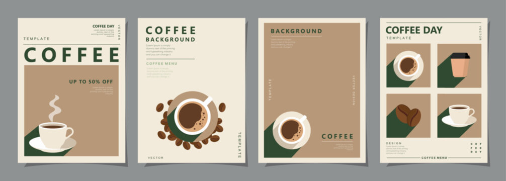 Set of minimal background templates with coffee beans and coffee mug for invitations, cards, banner, brochure, poster, cover, cafe menu or another design. Vector illustration.