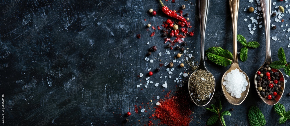 Wall mural Spices and herbs in spoons - black, white, and red pepper with salt, along with mint and parsley. Top-down perspective with space for your recipe.