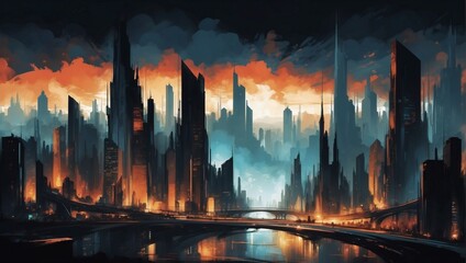 Dark abstract cityscape. Dynamic artistic imagery suitable for diverse design endeavors. - obrazy, fototapety, plakaty
