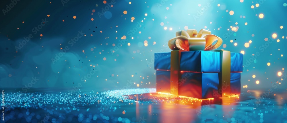 Poster ray of light effect on blue background of an open gift box. 3d rendering.