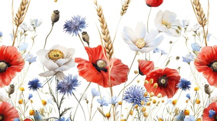 Vibrant painting of red, white, and blue flowers. Perfect for home decor or botanical themes