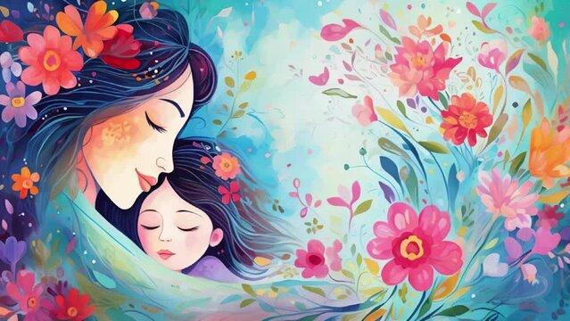 Vibrant painting of a mother and child embraced, surrounded by flowers—perfect for Mother’s Day, family themes, or child care services.